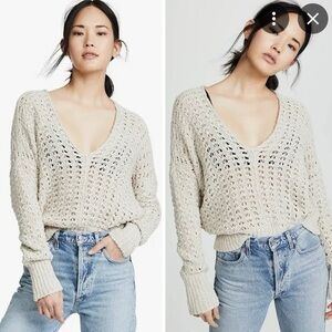 Free People V-Neck Sweater Pullover Beige Knit Large